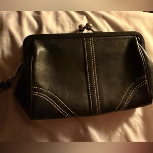 Coach Black Leather Wristlet with Contrast Stitching